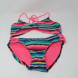 Gossip Girl Two Piece Bikini Swim Suit Blue Pink Aztex Stripe Size 16 Swimwear